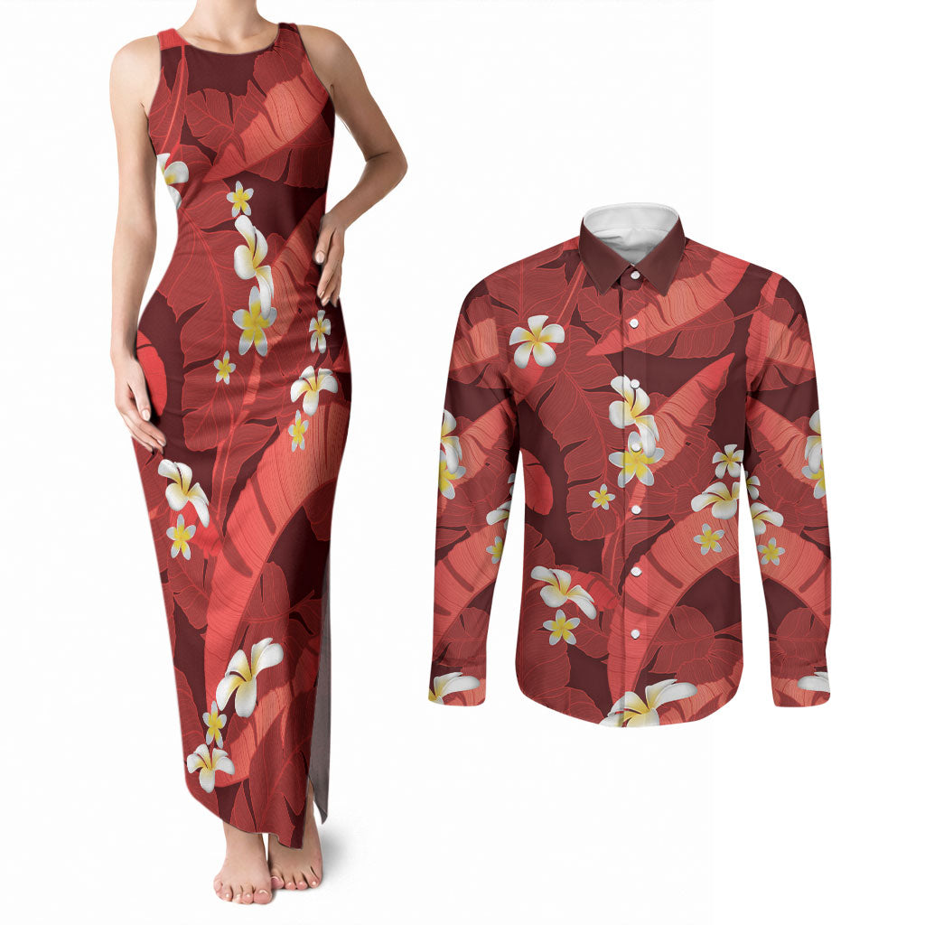 Red Banana Leaf Hawaii Couples Matching Tank Maxi Dress and Long Sleeve Button Shirt Lau Maia Plumeria Tropical Summer Vibes LT14 Red - Polynesian Pride