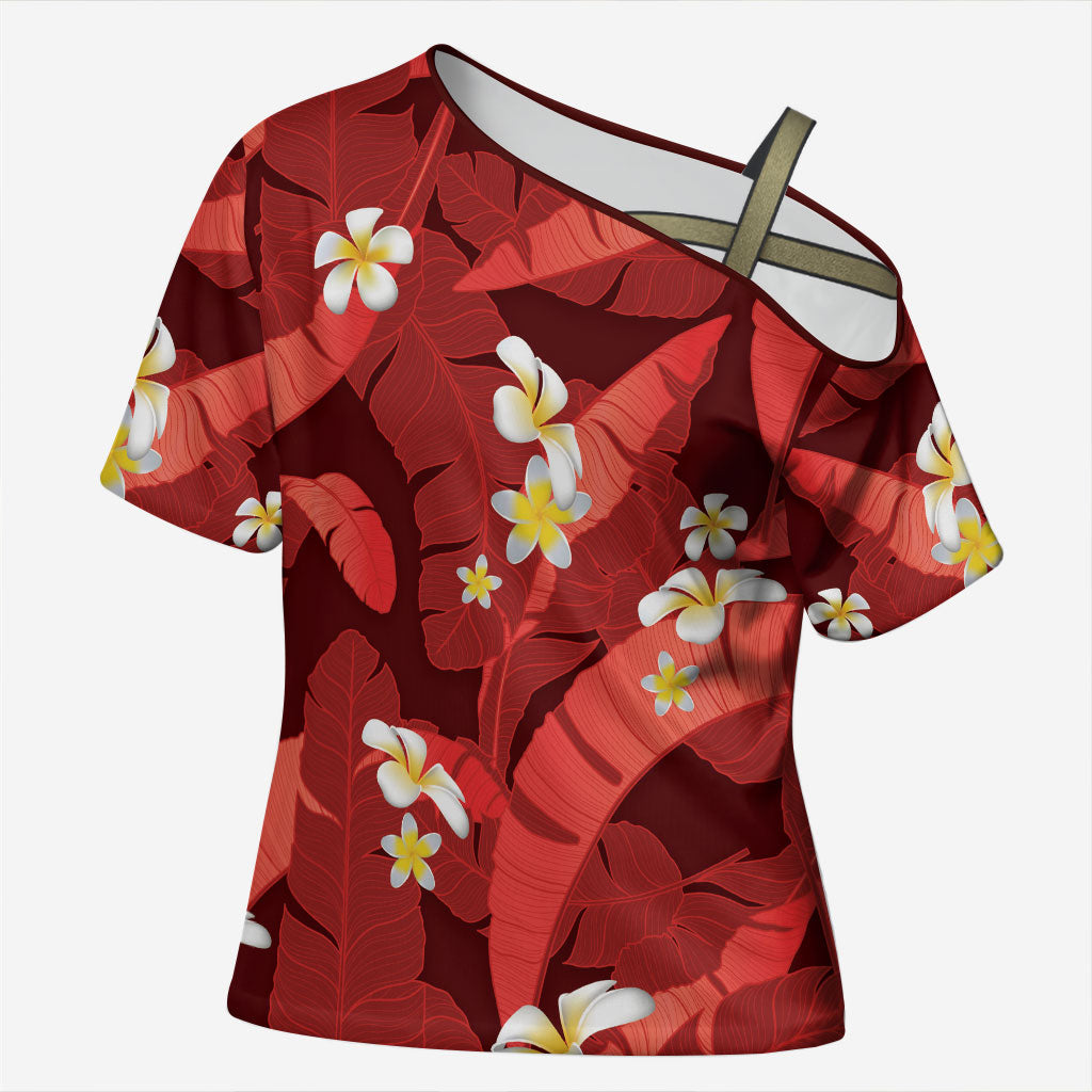 Red Banana Leaf Hawaii Cross Shoulder Shirt Lau Maia Plumeria Tropical Summer Vibes LT14 Female Red - Polynesian Pride