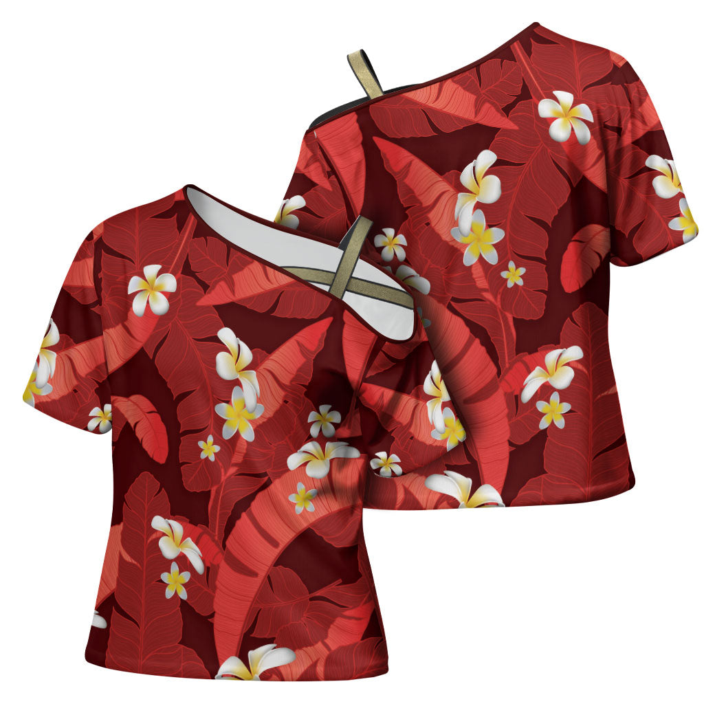 Red Banana Leaf Hawaii Cross Shoulder Shirt Lau Maia Plumeria Tropical Summer Vibes LT14 - Polynesian Pride