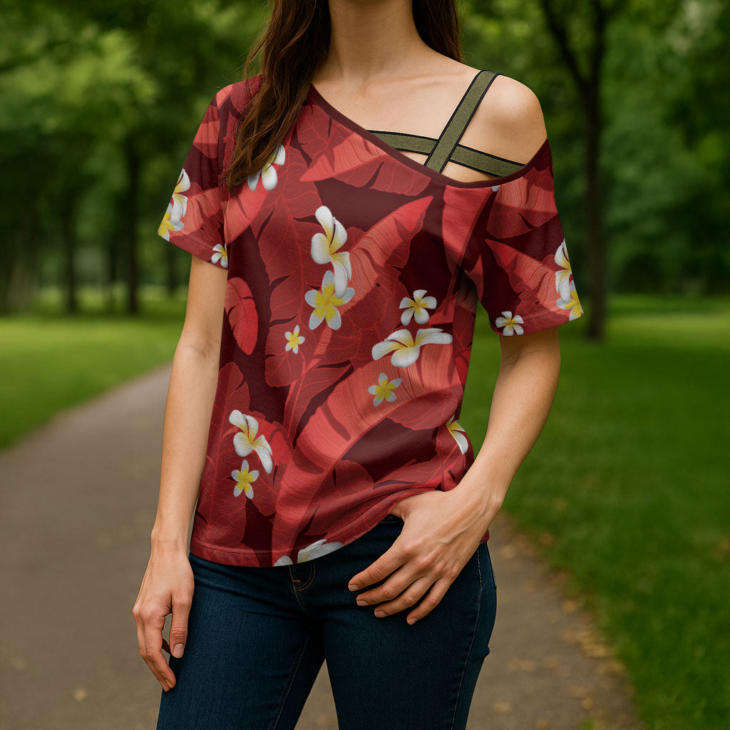 Red Banana Leaf Hawaii Cross Shoulder Shirt Lau Maia Plumeria Tropical Summer Vibes LT14 - Polynesian Pride