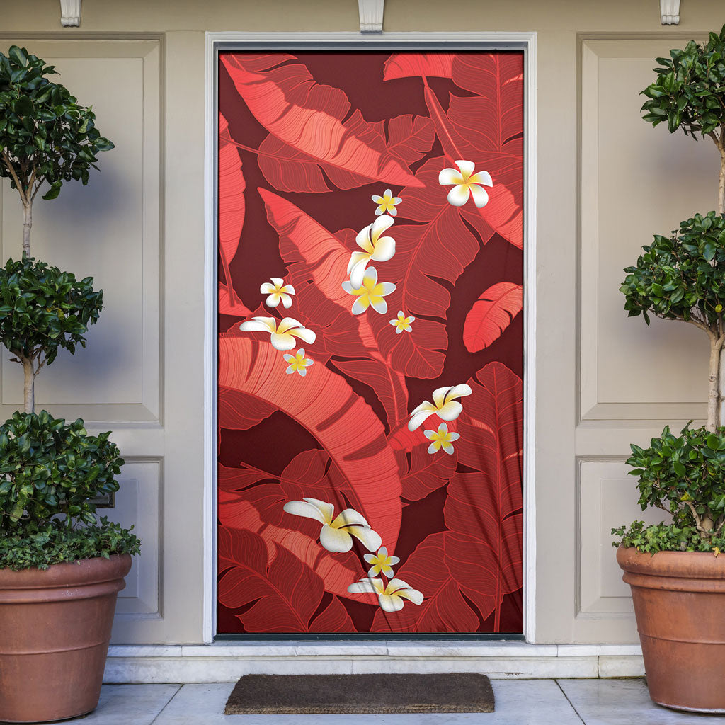 Red Banana Leaf Hawaii Door Cover Lau Maia Plumeria Tropical Summer Vibes LT14 Red - Polynesian Pride