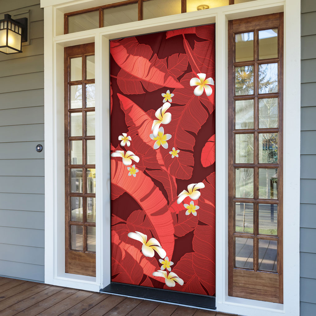 Red Banana Leaf Hawaii Door Cover Lau Maia Plumeria Tropical Summer Vibes LT14 - Polynesian Pride