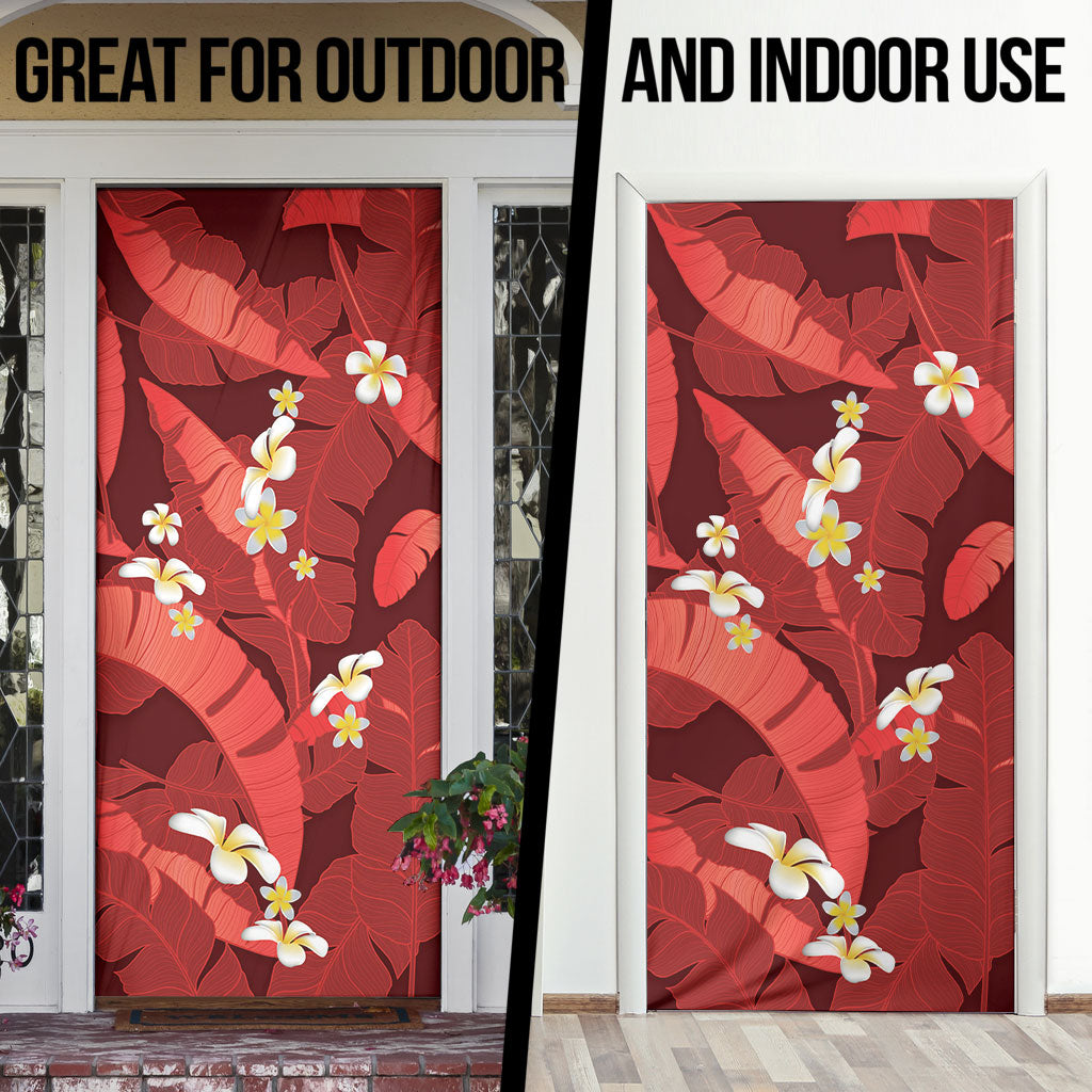 Red Banana Leaf Hawaii Door Cover Lau Maia Plumeria Tropical Summer Vibes LT14 - Polynesian Pride