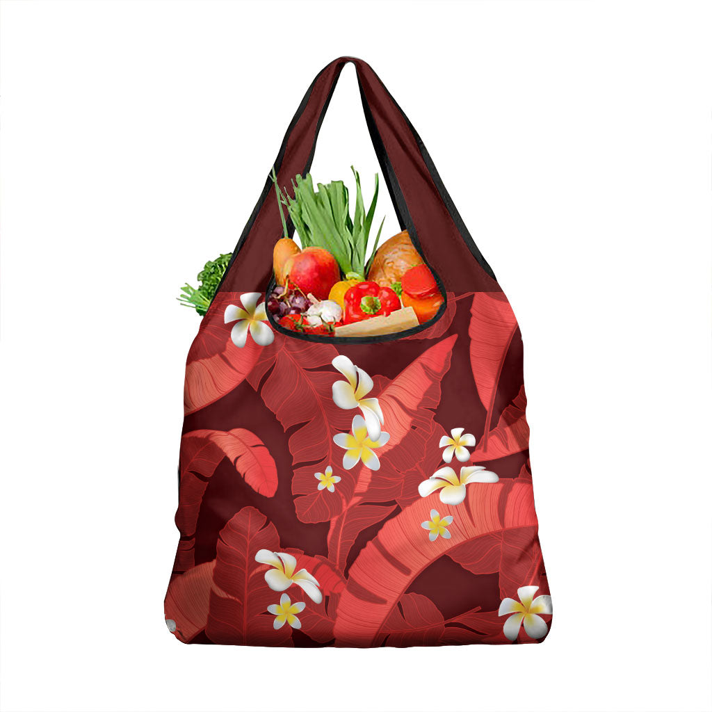Red Banana Leaf Hawaii Grocery Bag Lau Maia Plumeria Tropical Summer Vibes LT14 1-pack One Size Red - Polynesian Pride