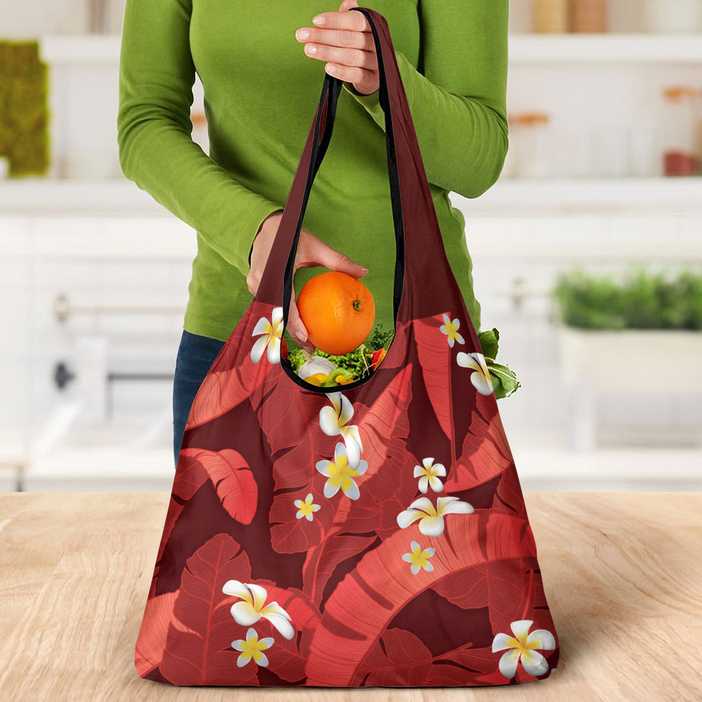 Red Banana Leaf Hawaii Grocery Bag Lau Maia Plumeria Tropical Summer Vibes LT14 - Polynesian Pride