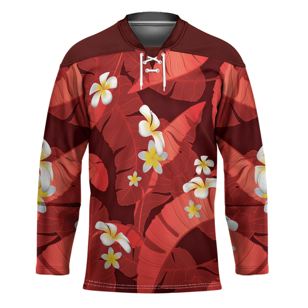 Red Banana Leaf Hawaii Hockey Jersey Lau Maia Plumeria Tropical Summer Vibes LT14 Unisex Red - Polynesian Pride