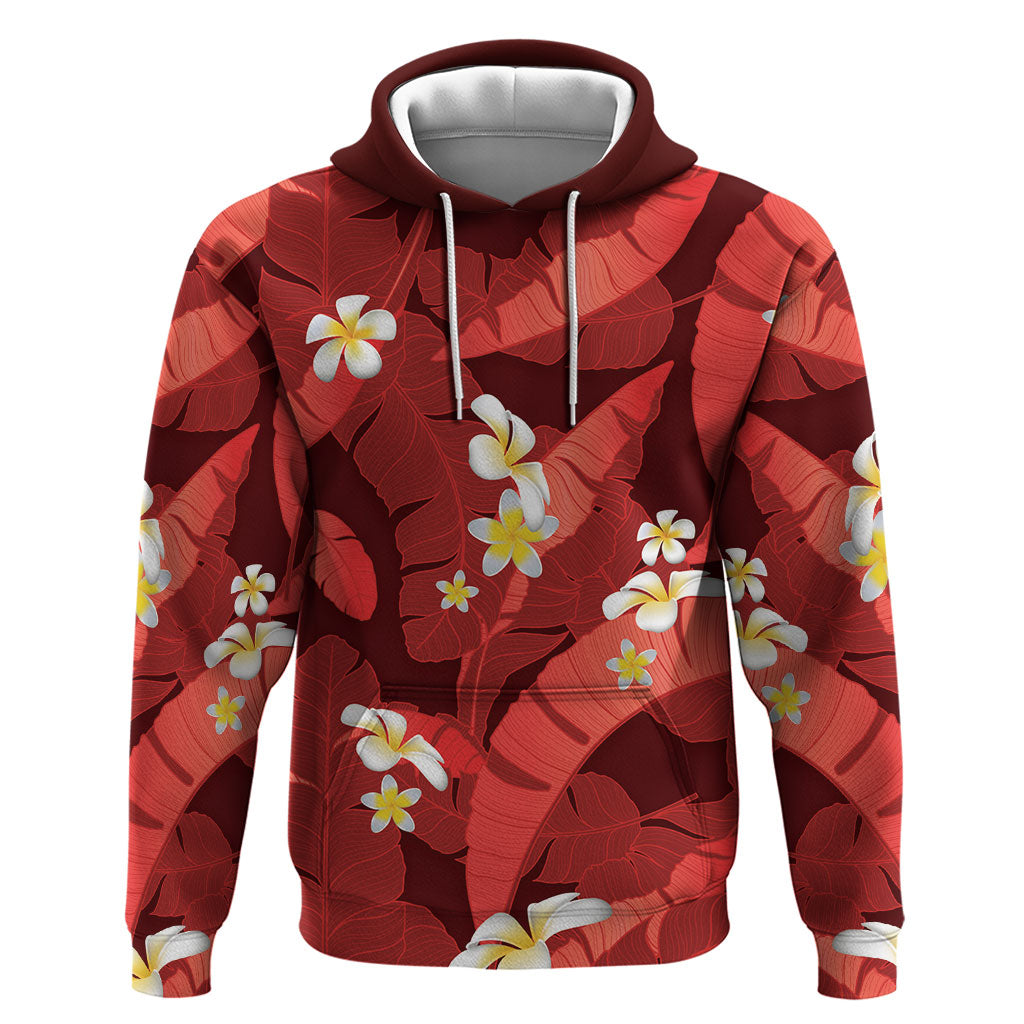 Red Banana Leaf Hawaii Hoodie Lau Maia Plumeria Tropical Summer Vibes LT14 Pullover Hoodie Red - Polynesian Pride