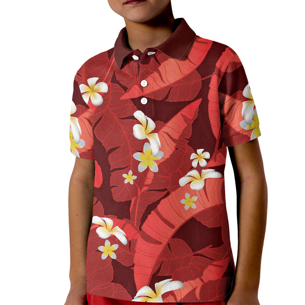Red Banana Leaf Hawaii Kid Polo Shirt Lau Maia Plumeria Tropical Summer Vibes LT14 Kid Red - Polynesian Pride