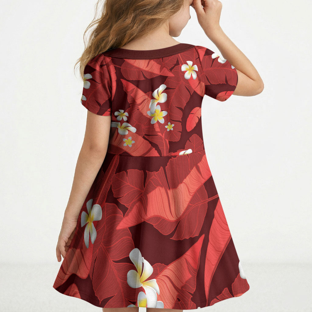 Red Banana Leaf Hawaii Kid Short Sleeve Dress Lau Maia Plumeria Tropical Summer Vibes LT14 - Polynesian Pride