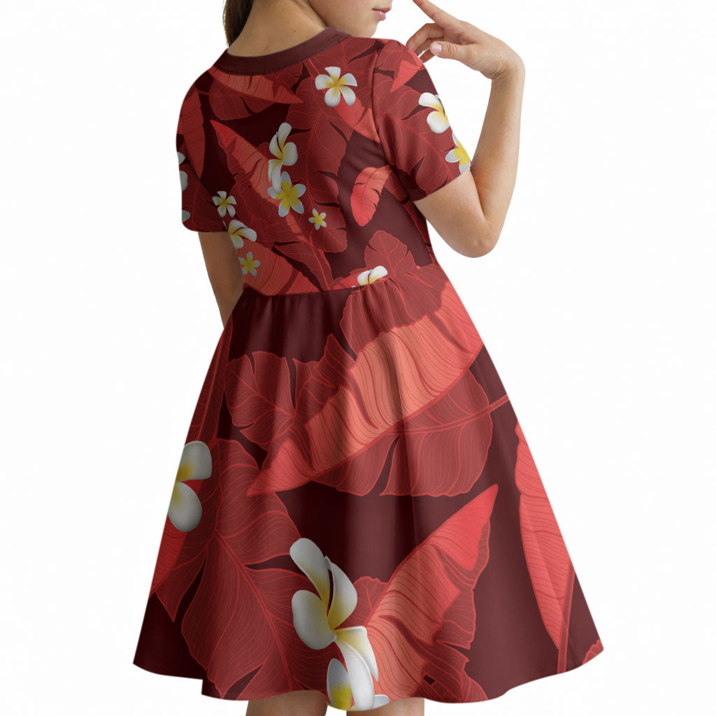 Red Banana Leaf Hawaii Kid Short Sleeve Dress Lau Maia Plumeria Tropical Summer Vibes LT14 - Polynesian Pride