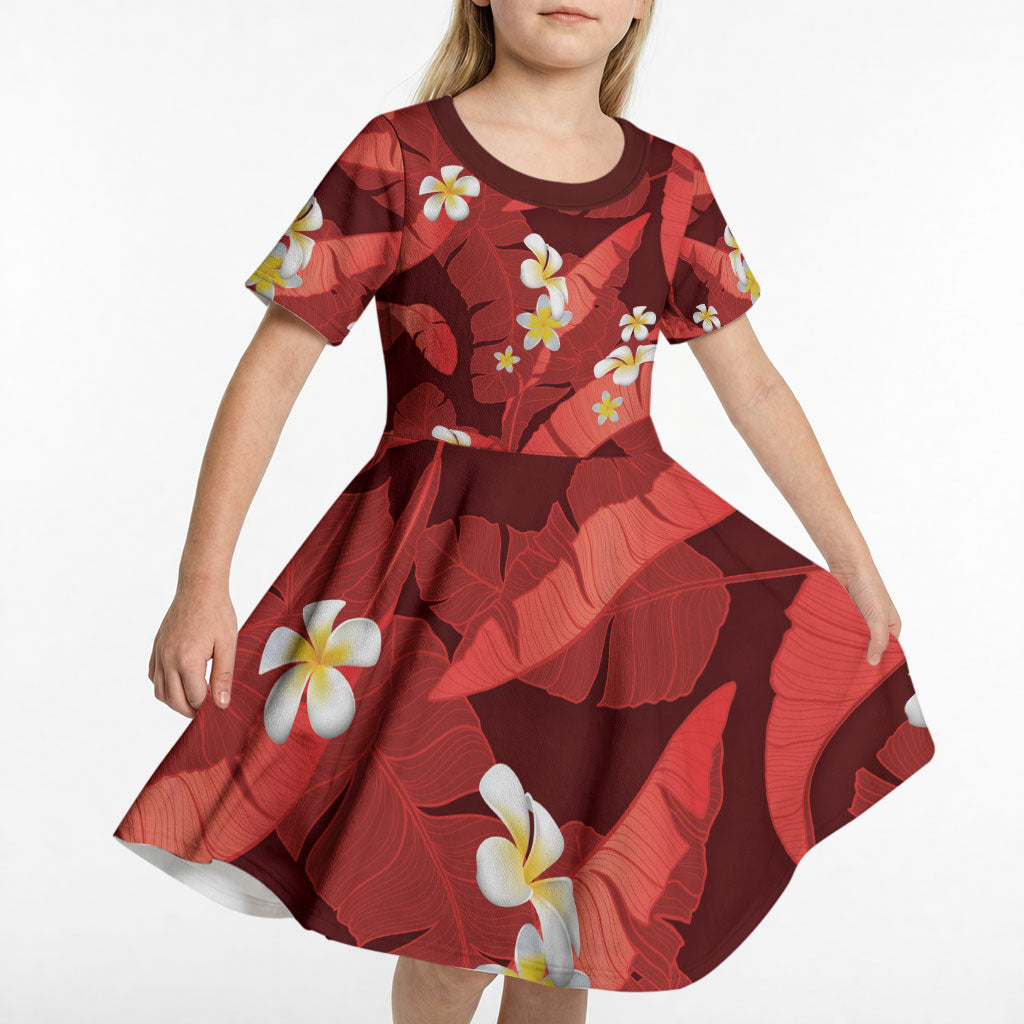 Red Banana Leaf Hawaii Kid Short Sleeve Dress Lau Maia Plumeria Tropical Summer Vibes LT14 - Polynesian Pride