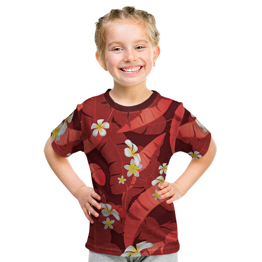Red Banana Leaf Hawaii Kid T Shirt Lau Maia Plumeria Tropical Summer Vibes LT14 Red - Polynesian Pride