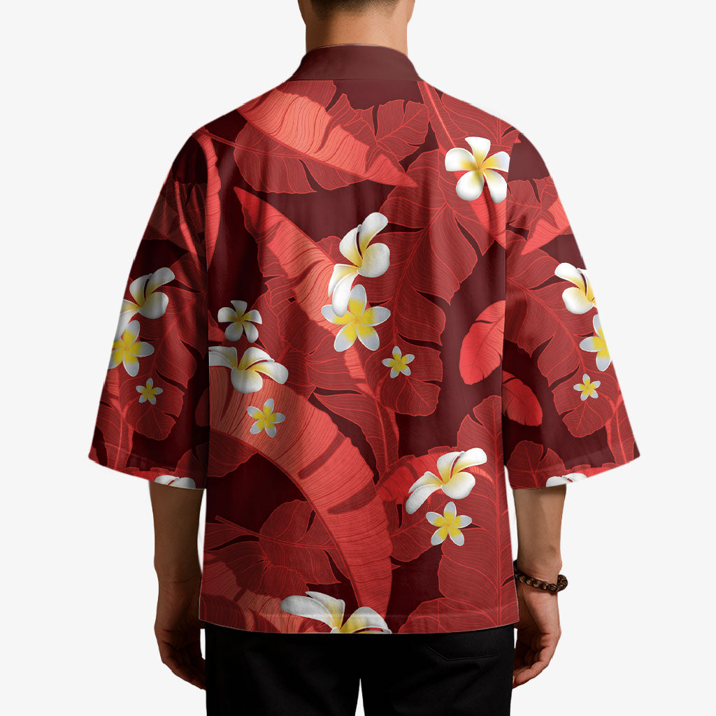 Red Banana Leaf Hawaii Kimono Lau Maia Plumeria Tropical Summer Vibes LT14 - Polynesian Pride