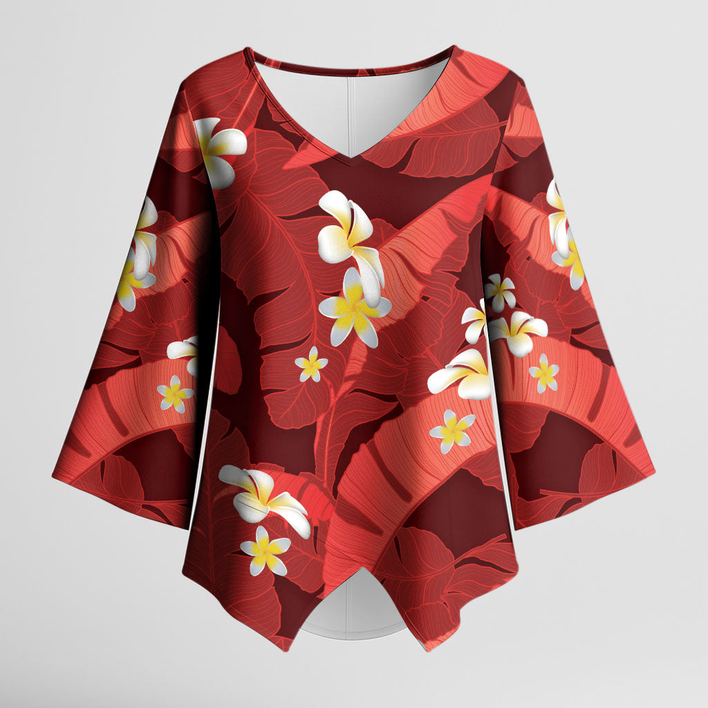 Red Banana Leaf Hawaii Kimono Sleeve Blouse Lau Maia Plumeria Tropical Summer Vibes LT14 Female Red - Polynesian Pride