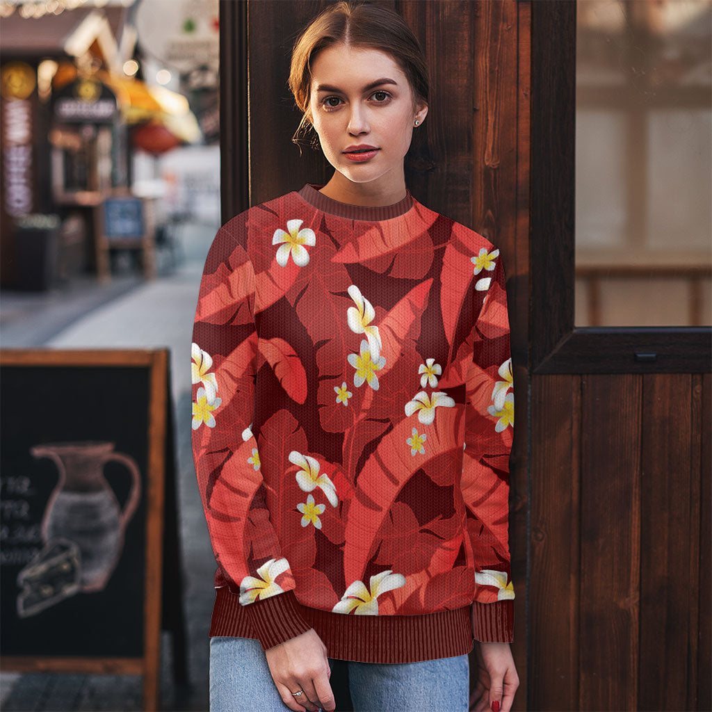 Red Banana Leaf Hawaii Ugly Christmas Sweater Lau Maia Plumeria Tropical Summer Vibes LT14 - Polynesian Pride