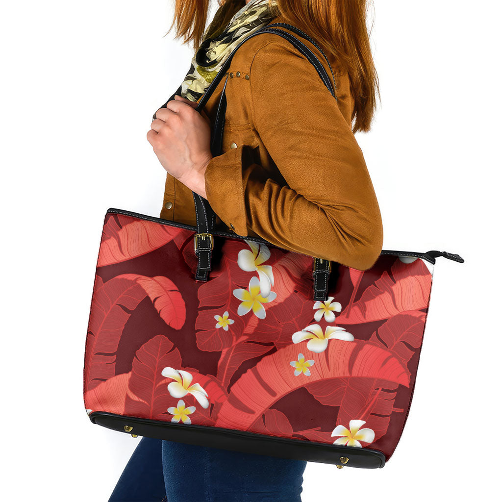 Red Banana Leaf Hawaii Leather Tote Bag Lau Maia Plumeria Tropical Summer Vibes LT14 Red - Polynesian Pride