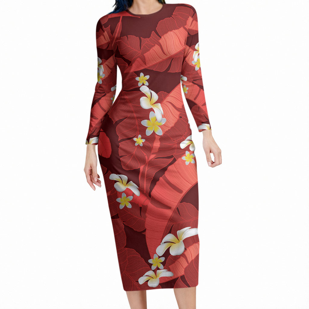 Red Banana Leaf Hawaii Long Sleeve Bodycon Dress Lau Maia Plumeria Tropical Summer Vibes LT14 Long Dress Red - Polynesian Pride