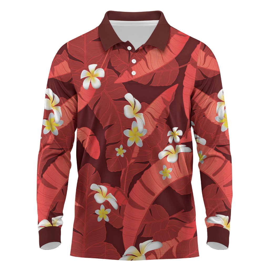 Red Banana Leaf Hawaii Long Sleeve Polo Shirt Lau Maia Plumeria Tropical Summer Vibes LT14 Red - Polynesian Pride
