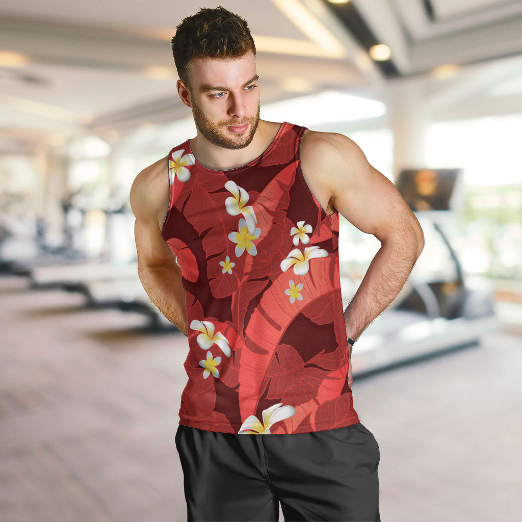 Red Banana Leaf Hawaii Men Tank Top Lau Maia Plumeria Tropical Summer Vibes LT14 Red - Polynesian Pride