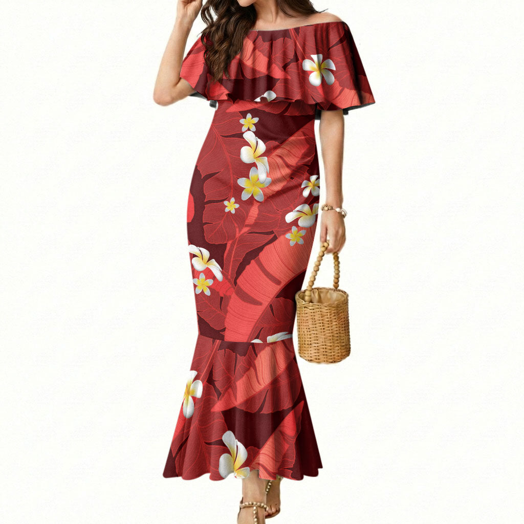 Red Banana Leaf Hawaii Mermaid Dress Lau Maia Plumeria Tropical Summer Vibes LT14 Women Red - Polynesian Pride