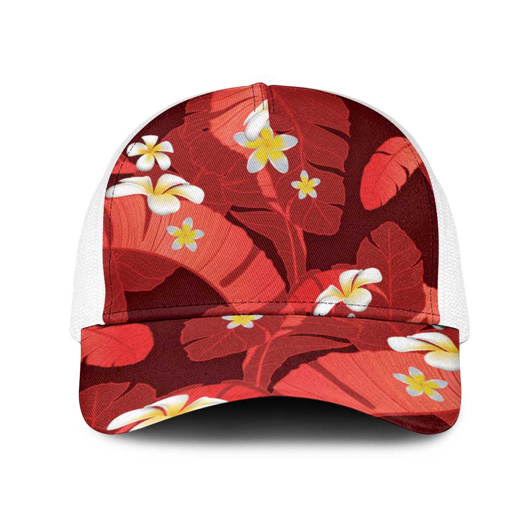 Red Banana Leaf Hawaii Mesh Trucker Cap Lau Maia Plumeria Tropical Summer Vibes LT14 One Size White Red - Polynesian Pride