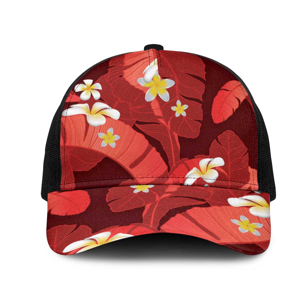 Red Banana Leaf Hawaii Mesh Trucker Cap Lau Maia Plumeria Tropical Summer Vibes LT14 One Size Black Red - Polynesian Pride
