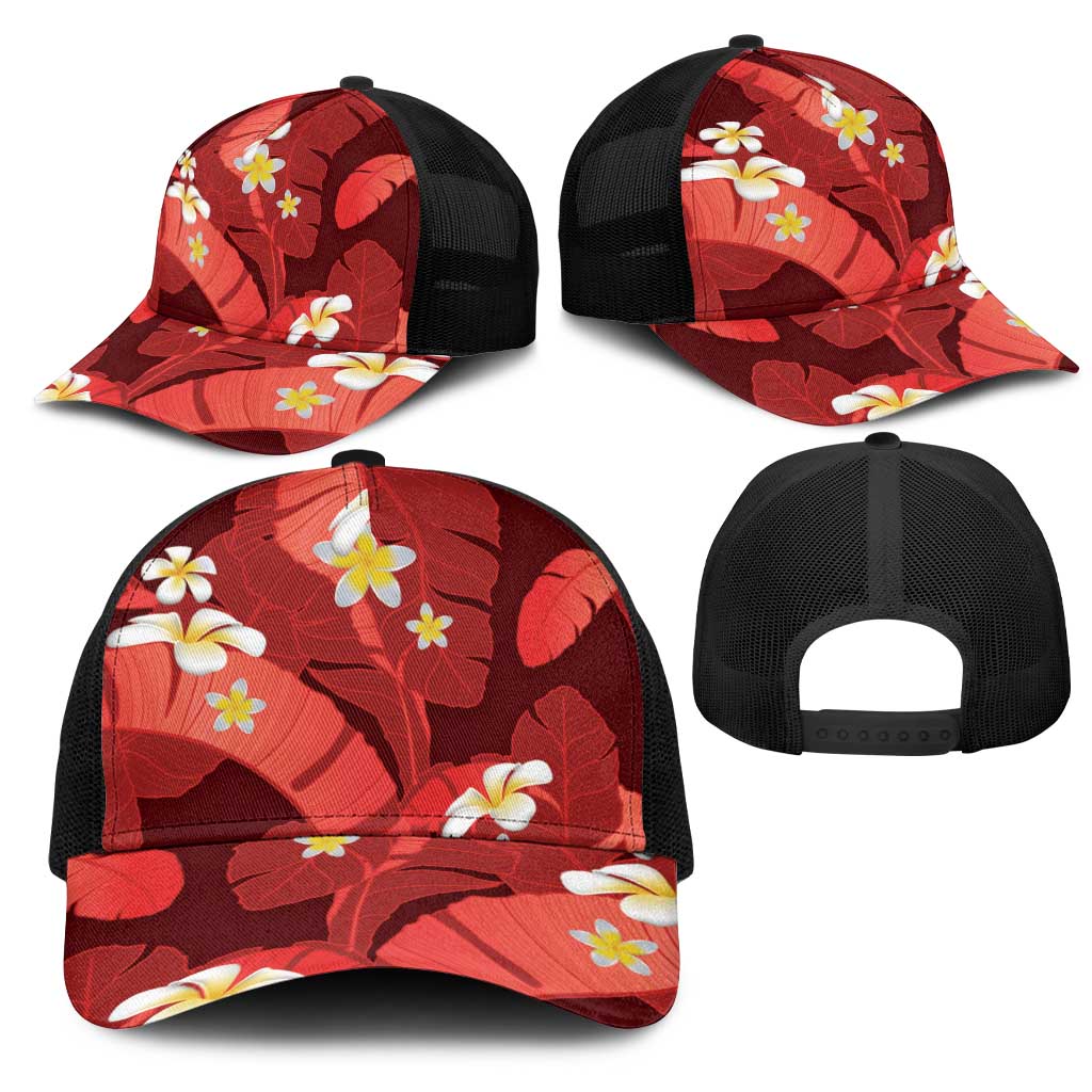 Red Banana Leaf Hawaii Mesh Trucker Cap Lau Maia Plumeria Tropical Summer Vibes LT14 - Polynesian Pride