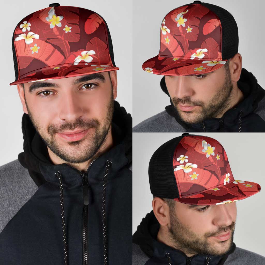 Red Banana Leaf Hawaii Mesh Trucker Cap Lau Maia Plumeria Tropical Summer Vibes LT14 - Polynesian Pride
