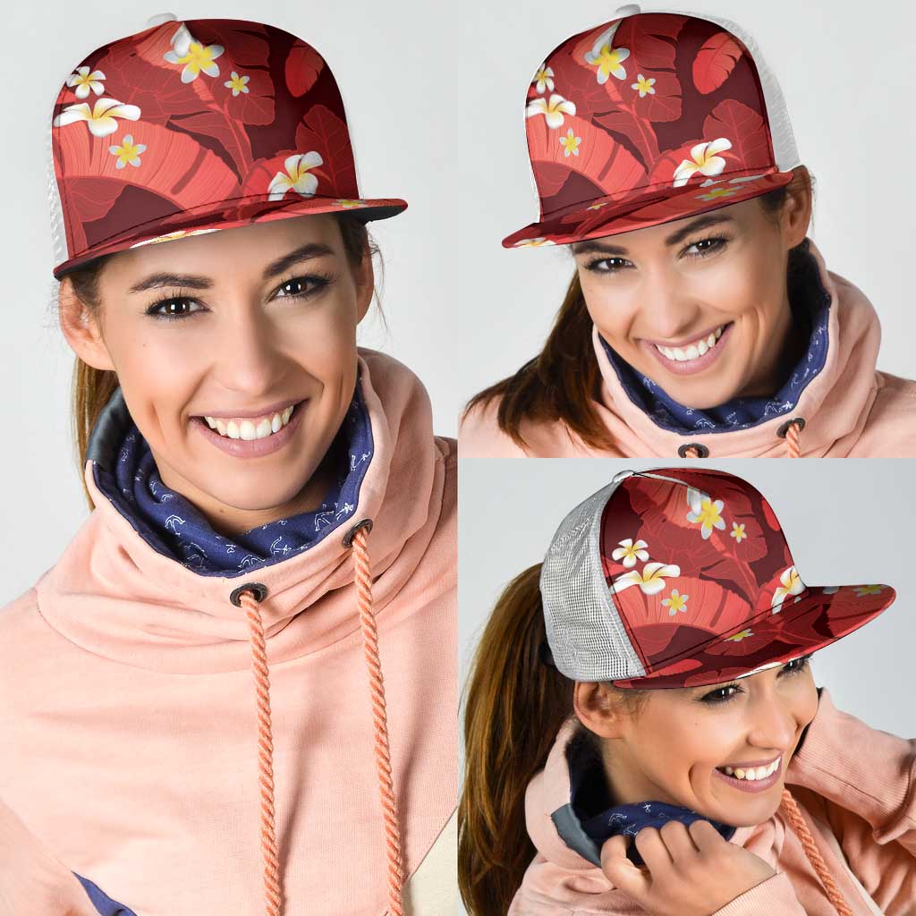 Red Banana Leaf Hawaii Mesh Trucker Cap Lau Maia Plumeria Tropical Summer Vibes LT14 - Polynesian Pride