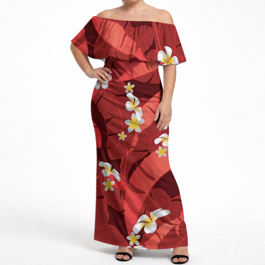 Red Banana Leaf Hawaii Off Shoulder Maxi Dress Lau Maia Plumeria Tropical Summer Vibes LT14 Women Red - Polynesian Pride