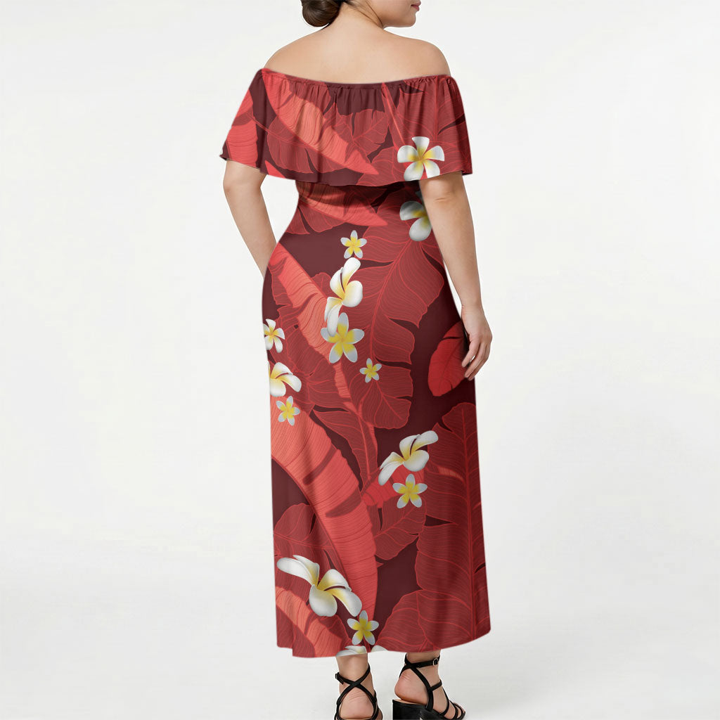 Red Banana Leaf Hawaii Off Shoulder Maxi Dress Lau Maia Plumeria Tropical Summer Vibes LT14 - Polynesian Pride