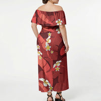 Red Banana Leaf Hawaii Off Shoulder Maxi Dress Lau Maia Plumeria Tropical Summer Vibes LT14 - Polynesian Pride