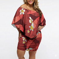 Red Banana Leaf Hawaii Off Shoulder Short Dress Lau Maia Plumeria Tropical Summer Vibes LT14 Women Red - Polynesian Pride