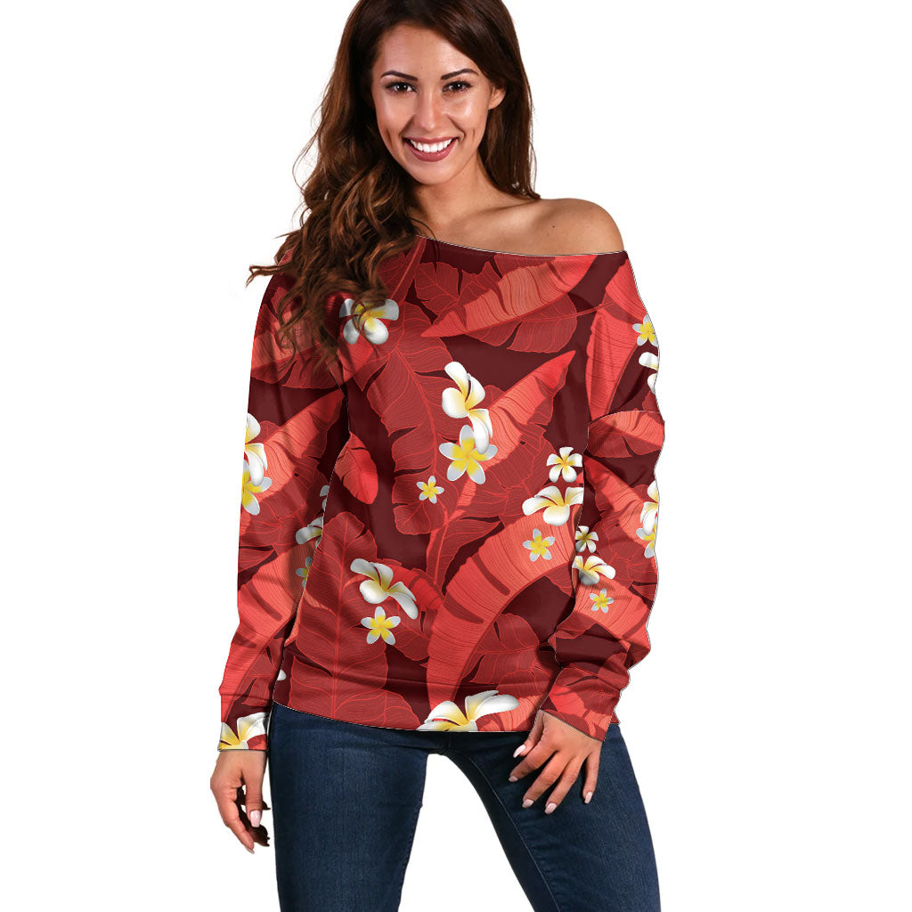 Red Banana Leaf Hawaii Off Shoulder Sweater Lau Maia Plumeria Tropical Summer Vibes LT14 Women Red - Polynesian Pride