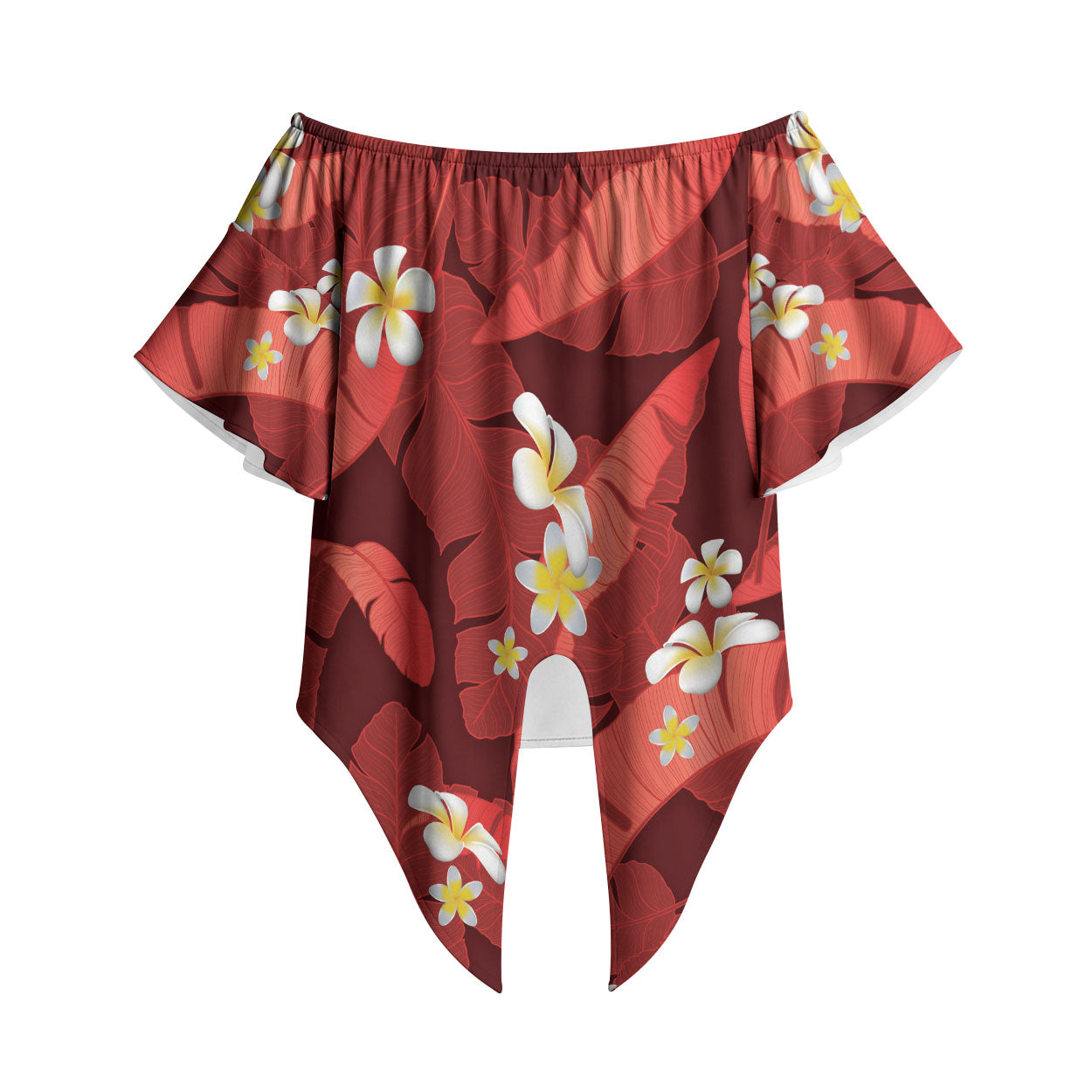Red Banana Leaf Hawaii Off Shoulder Wrap Waist Top Lau Maia Plumeria Tropical Summer Vibes LT14 Red - Polynesian Pride