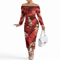 Red Banana Leaf Hawaii Off The Shoulder Long Sleeve Dress Lau Maia Plumeria Tropical Summer Vibes LT14 Women Red - Polynesian Pride