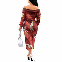 Red Banana Leaf Hawaii Off The Shoulder Long Sleeve Dress Lau Maia Plumeria Tropical Summer Vibes LT14 - Polynesian Pride
