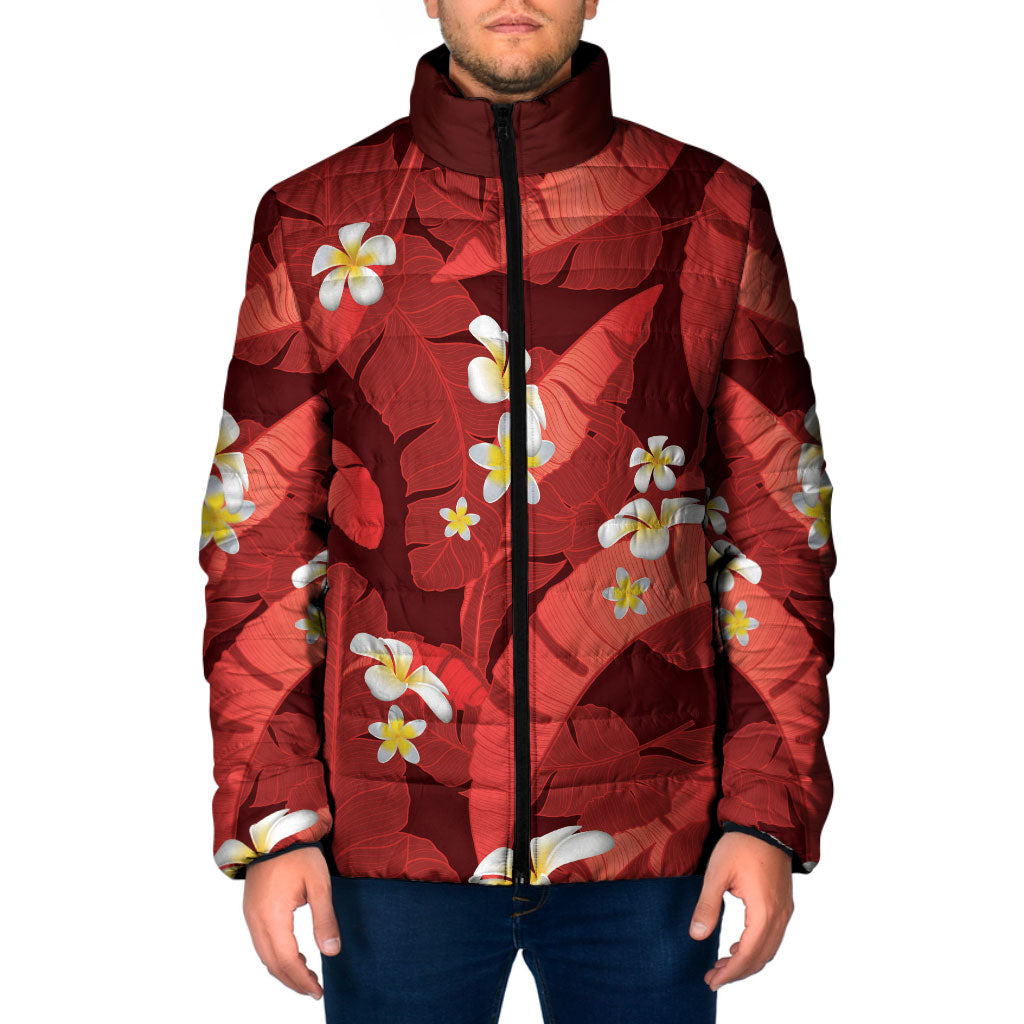 Red Banana Leaf Hawaii Padded Jacket Lau Maia Plumeria Tropical Summer Vibes LT14 Men Red - Polynesian Pride