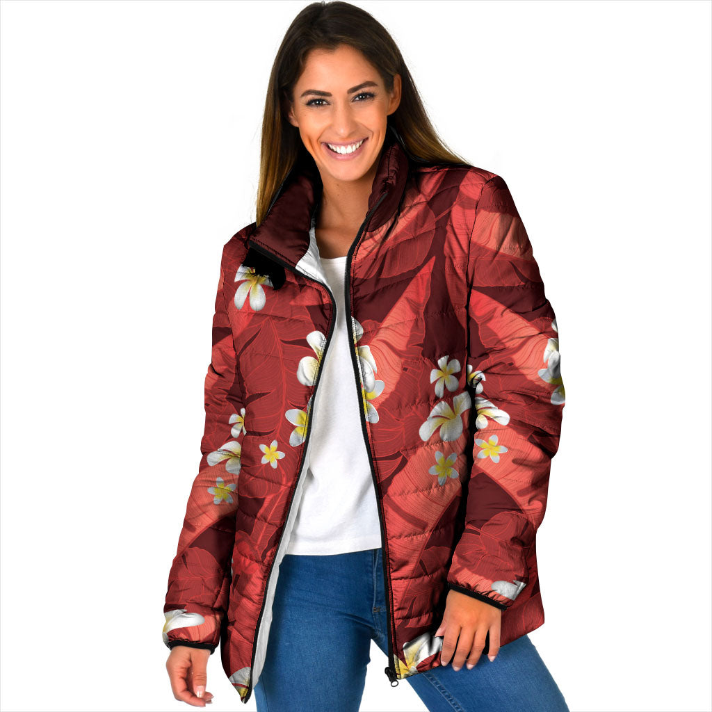 Red Banana Leaf Hawaii Padded Jacket Lau Maia Plumeria Tropical Summer Vibes LT14 Women Red - Polynesian Pride