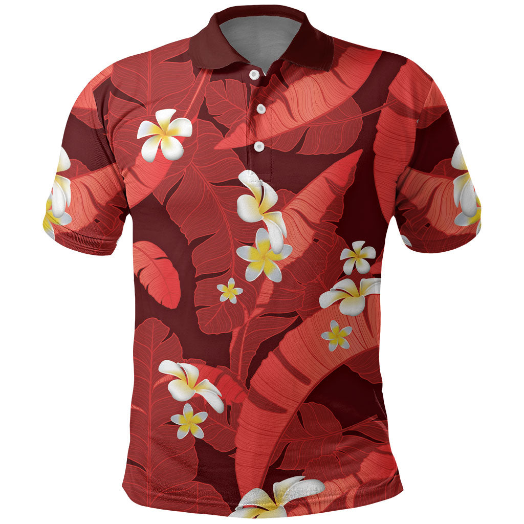 Red Banana Leaf Hawaii Polo Shirt Lau Maia Plumeria Tropical Summer Vibes LT14 Red - Polynesian Pride