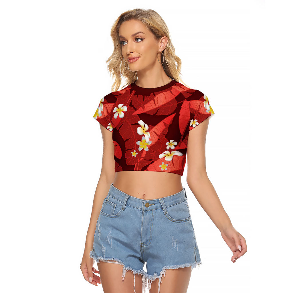 Red Banana Leaf Hawaii Raglan Cropped T Shirt Lau Maia Plumeria Tropical Summer Vibes LT14 Female Red - Polynesian Pride
