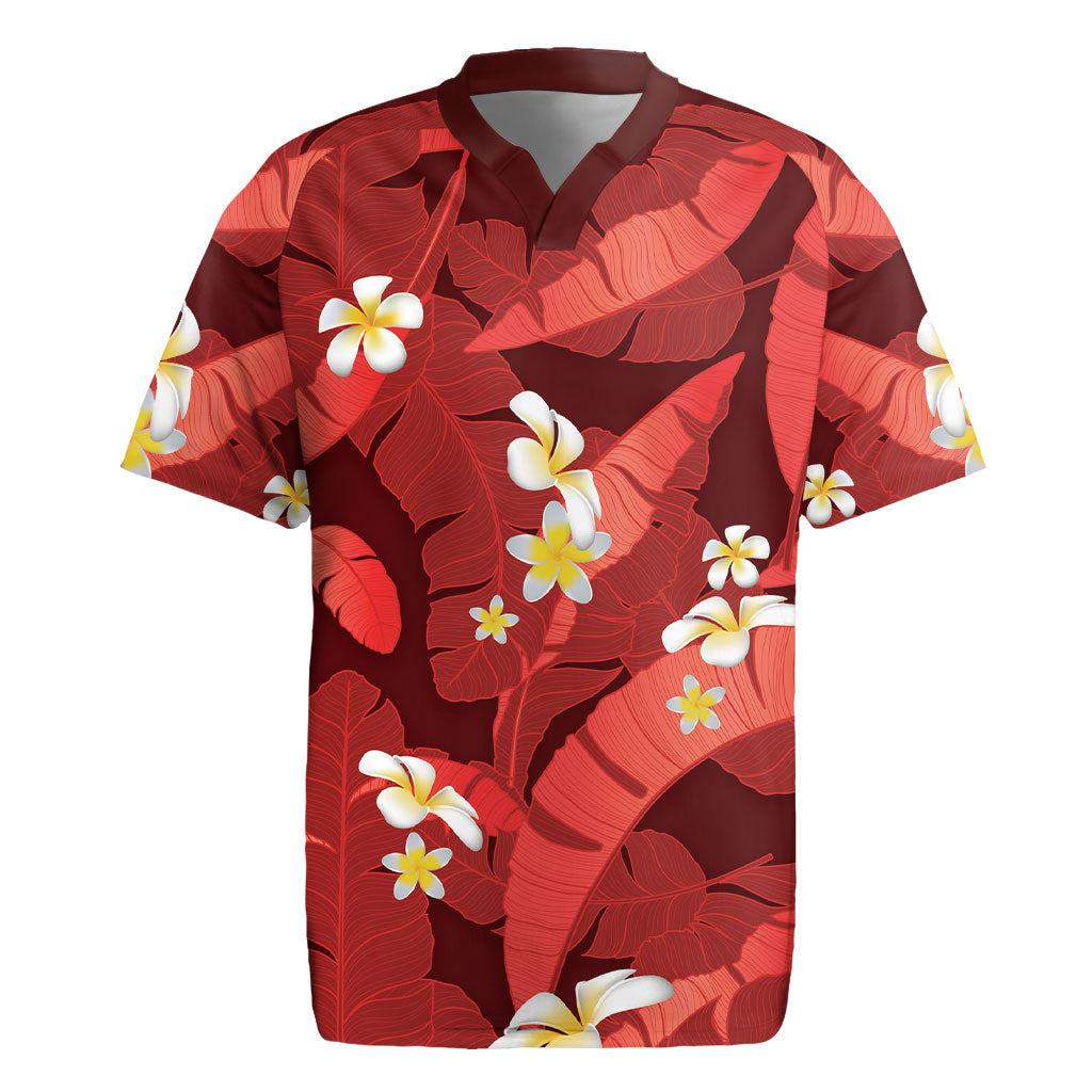Red Banana Leaf Hawaii Rugby Jersey Lau Maia Plumeria Tropical Summer Vibes LT14 Red - Polynesian Pride