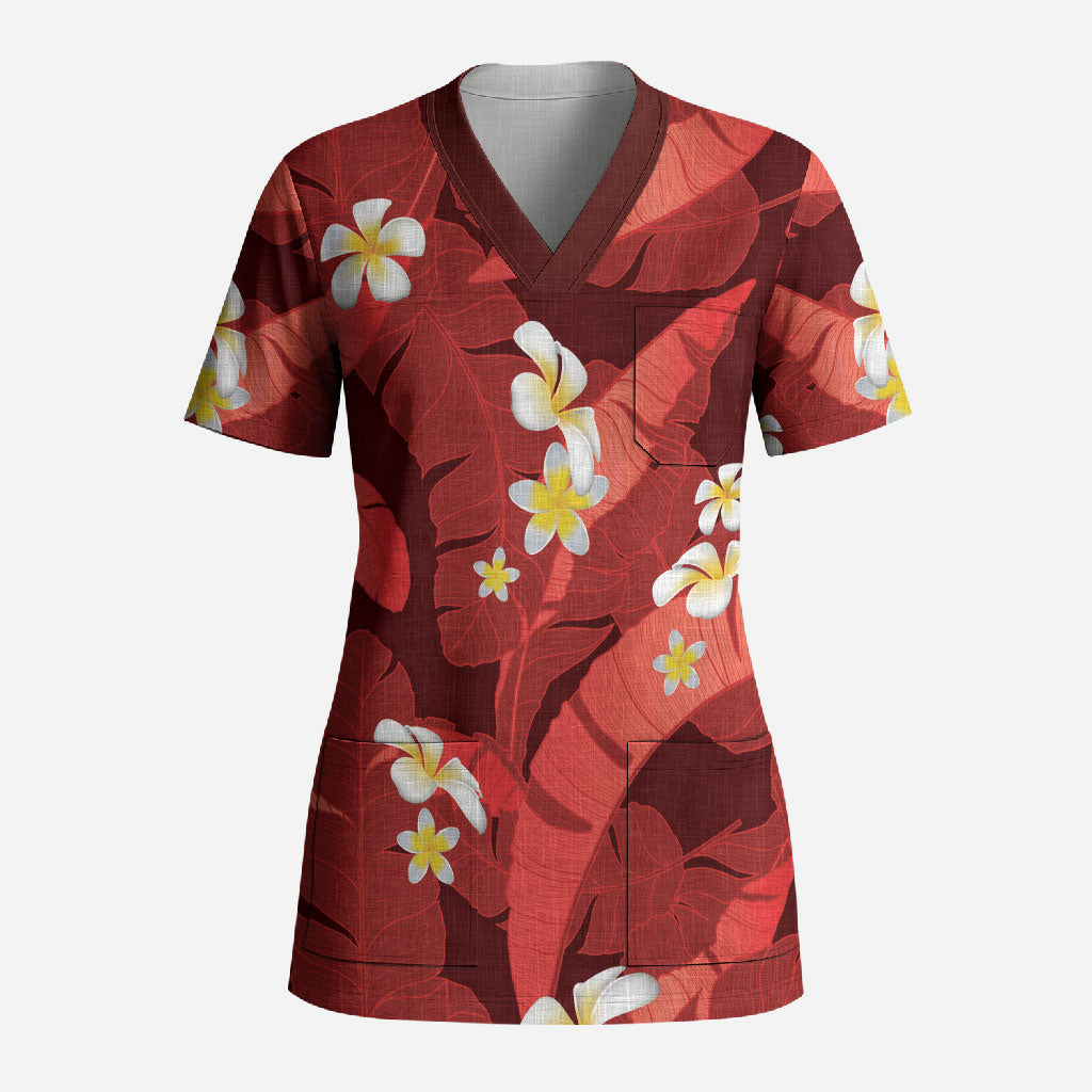 Red Banana Leaf Hawaii Scrub Top Lau Maia Plumeria Tropical Summer Vibes LT14 Adult Red - Polynesian Pride