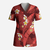 Red Banana Leaf Hawaii Scrub Top Lau Maia Plumeria Tropical Summer Vibes LT14 Adult Red - Polynesian Pride