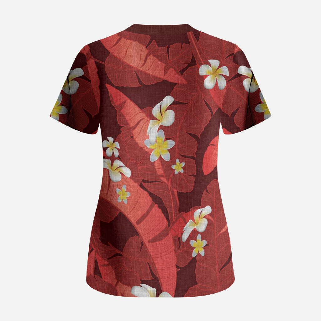 Red Banana Leaf Hawaii Scrub Top Lau Maia Plumeria Tropical Summer Vibes LT14 - Polynesian Pride