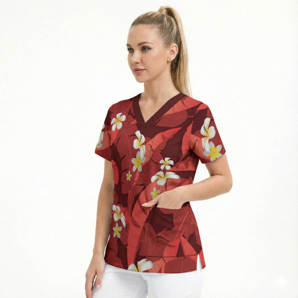 Red Banana Leaf Hawaii Scrub Top Lau Maia Plumeria Tropical Summer Vibes LT14 - Polynesian Pride