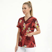 Red Banana Leaf Hawaii Scrub Top Lau Maia Plumeria Tropical Summer Vibes LT14 - Polynesian Pride