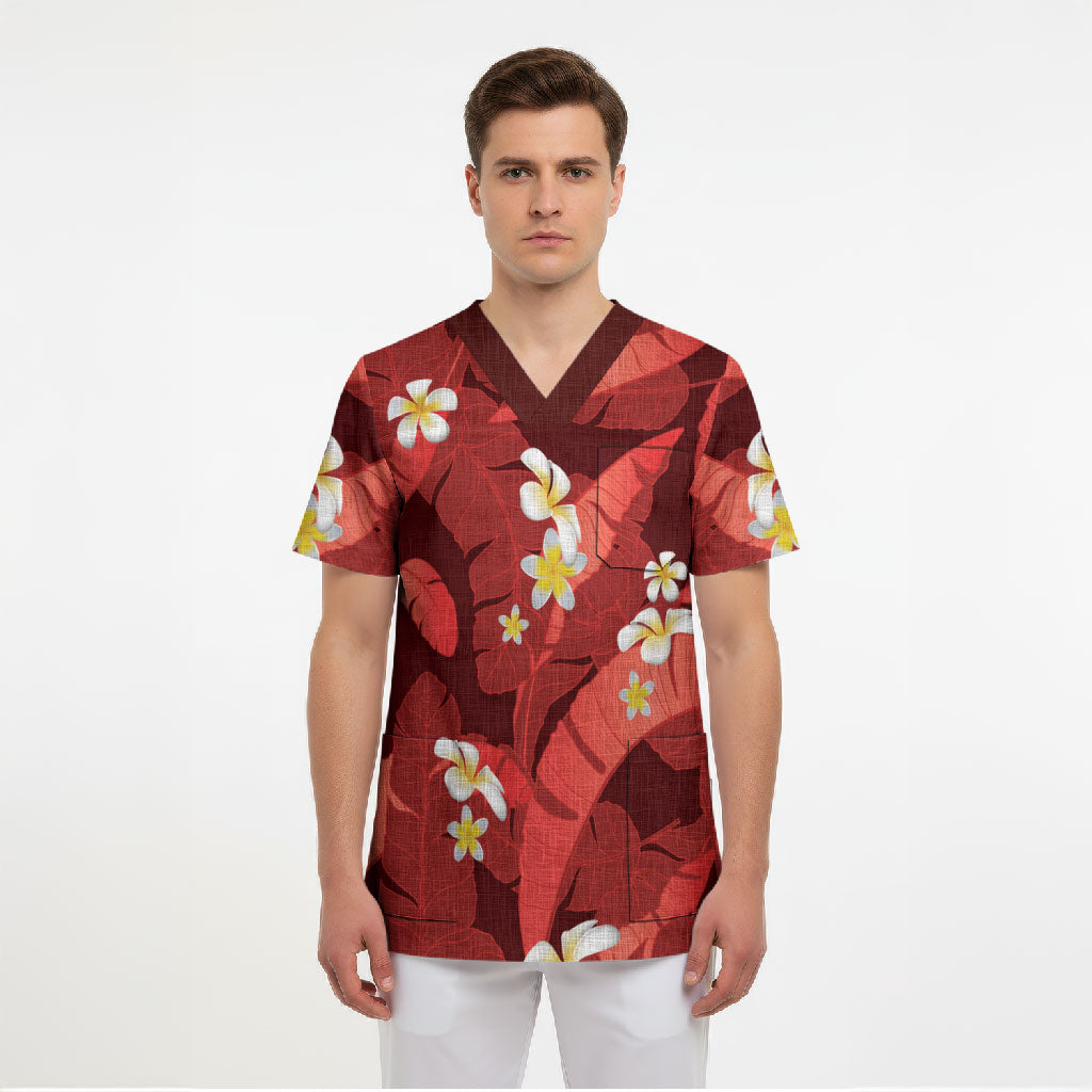 Red Banana Leaf Hawaii Scrub Top Lau Maia Plumeria Tropical Summer Vibes LT14 - Polynesian Pride