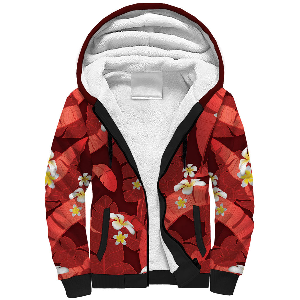 Red Banana Leaf Hawaii Sherpa Hoodie Lau Maia Plumeria Tropical Summer Vibes LT14 Unisex Red - Polynesian Pride