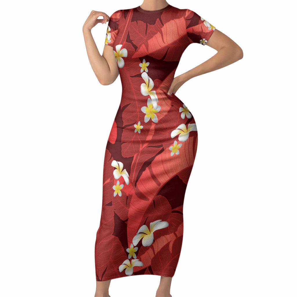 Red Banana Leaf Hawaii Short Sleeve Bodycon Dress Lau Maia Plumeria Tropical Summer Vibes LT14 Long Dress Red - Polynesian Pride